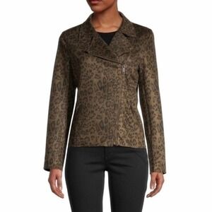 CATHERINE MALANDRINO Green & Black Leopard Print Faux Suede Moto Jacket | Small